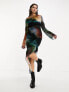 Фото #8 товара ASOS DESIGN slash neck chiffon mini dress with asymmetric trailing hem in marble print