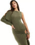 ASOS DESIGN one sleeve maxi dress with cutout and drawstring in khaki