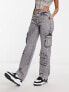 Фото #4 товара Stradivarius STR denim multi pocket cargo jean in acid wash grey