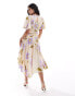 & Other Stories linen blend asymmetric hem midi dress with ruche bodice and volume sleeves in floral print