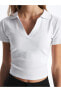 LCW Polo Yaka Düz Kısa Kollu Crop Kadın Tişört