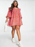 ASOS DESIGN Curve cord mini smock dress with ruffle shoulder in red abstract print