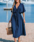Women's Navy Dolman Sleeve Micro-Ruffle Midi Beach Dress