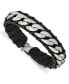 ფოტო #1 პროდუქტის Stainless Steel Brushed Curb Chain and Black Leather Bracelet