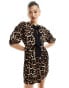 ASOS DESIGN puff sleeve tie front mini dress in leopard print Леопардовый, 38 - фото #1