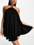 The Frolic sunstone halter volume mini summer dress in black waffle