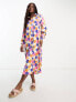 Monki maxi satin floral print shirt dress in multi