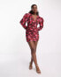 Фото #4 товара Urban Revivo ruched puff sleeve mini dress in rose print multi