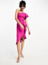 True Violet one shoulder ruffle midi dress in fuchsia