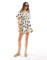 Miss Selfridge poplin shirred puffball mini dress in cream spot Бежевый, 36 - фото #4