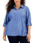 Plus Size Chambray 1/2-Zip Roll-Tab-Sleeve Cotton Popover Shirt