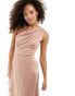 TFNC Bridesmaid satin one shoulder maxi dress with wrap skirt in rose brown