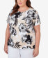 Фото #3 товара Plus Size Pleated Neck Bold Floral Short Sleeve Tee