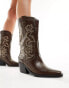 Фото #1 товара Pull&Bear western cowboy boot with embroidered detail in dark brown