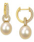 ფოტო #1 პროდუქტის Cultured Golden South Sea Oval Pearl (9mm) & Diamond (1/2 ct. t.w.) Dangle Huggie Hoop Earrings in 14k Gold