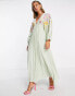 Фото #4 товара ASOS DESIGN v front baby doll pleated embroidered midi dress in pastel green