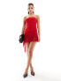 Missyempire exclusive mesh bandeau asymmetric ruffle hem with corsage mini dress in red