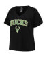 ფოტო #2 პროდუქტის Women's Black Milwaukee Bucks Plus Size Arch Over Logo V-Neck T-shirt
