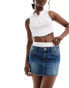 Bershka boxer waistband denim mini skirt in mid blue