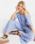 ASOS DESIGN off shoulder button front dobby jumpsuit in blue gingham