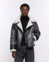 Фото #2 товара River Island crackle faux shearling aviator jacket in grey