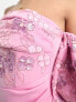 Фото #3 товара ASOS DESIGN Petite bardot puff sleeve midi dress with floral sequin embellishment in pink