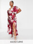 Фото #1 товара ASOS DESIGN Curve satin batwing midi dress with vintage floral artwork in red