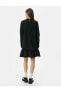 Mini Elbise Uzun Kollu Yuvarlak Yaka Etek Ucu Fırfırlı