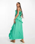 New Look side split satin ruffle midi dress in green