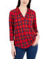 Фото #2 товара Plaid Pleated V-Neck Top, Created for Macy's
