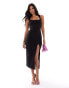 Vesper square neck thick strap thigh split midaxi dress in black