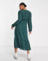 Фото #2 товара New Look puff long sleeve midi wrap dress in dark green check