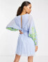 Фото #4 товара ASOS DESIGN Petite batwing pleated mini dress in blue with green embroidery