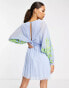 ASOS DESIGN Petite batwing pleated mini dress in blue with green embroidery