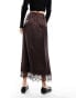 River Island satin midi skirt with lace trim in brown