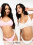 ASOS DESIGN Ashley 2 pack rib crop bra with rose trim in pink & white