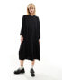 Monki long sleeve smock midi dress in black