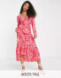 Фото #2 товара ASOS DESIGN Tall hi low hem midi dress in pink and red splice floral print