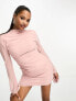 Фото #4 товара ASOS DESIGN Petite high neck ruched mesh mini dress in blush pink