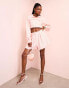 ASOS LUXE co-ord cropped blouson sleeve shirt in pink & white houndstooth