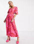 Twisted Wunder flutter sleeve maxi dress in pink and red star print Pink and red, US 2 - фото #2