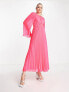 ASOS DESIGN Tall tie back fluted sleeve pleated midi dress in fluro pink