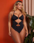 Wolf & Whistle X Natalie Gessey Fuller Bust halter neck cut out swimsuit in black with gold details