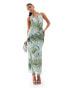 Фото #1 товара ASOS DESIGN mesh twist halter maxi dress with drape bodice in tonal green shell print