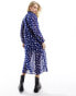 Wednesday's Girl tie neck tiered midi polka dot dress in blue