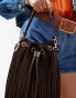 ASOS DESIGN premium suede fringe crossbody bucket bag in chocolate