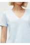 V Yaka Düz Mavi Kadın T-shirt 3sak60002ek