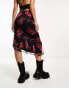 Wednesday's Girl bloom print asymmetric mesh skirt in black and red