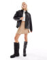 Mango leather look zip through jacket in black