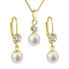 Gold-plated jewelry set with zircons and real pearls 29006.1 (earrings, chain, pendant)